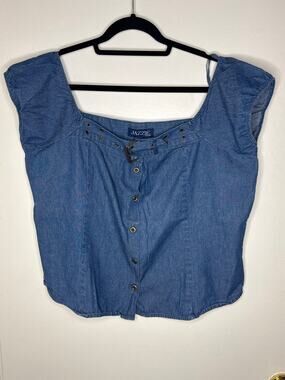 Vintage 90s Jazzie Blue Denim Crop Top Western Buckle Strap Blouse Size 1X Y2K